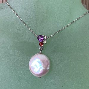 NWOT Genuine Coin Pearl N Gems Pendant Set on Solid Silver + Silver Tone Chain